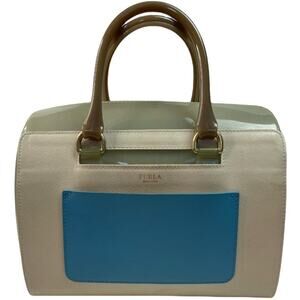 Furla Candy Clear Ivory Blue Large Rubber Satchel Bag Purse 11" X 8.5"